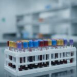 Statyw z probówkami do badań krwi w laboratorium