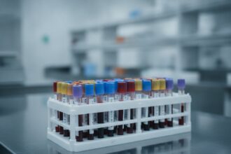 Statyw z probówkami do badań krwi w laboratorium