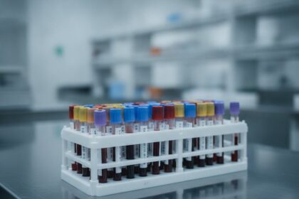 Statyw z probówkami do badań krwi w laboratorium
