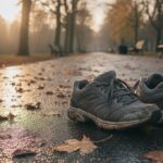 Buty biegowe na mokrej parkowej alejce o świcie
