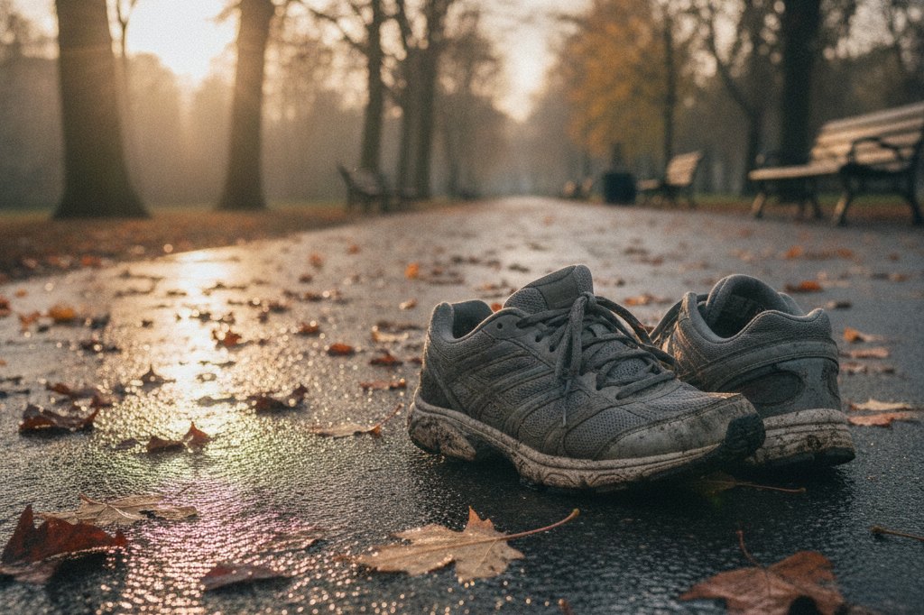 Buty biegowe na mokrej parkowej alejce o świcie