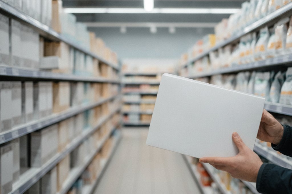 Alejka supermarketu i opakowanie produktu w dłoni